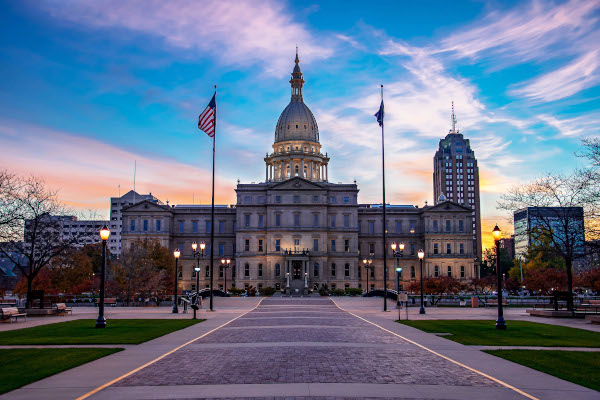 Michigan building at twilight