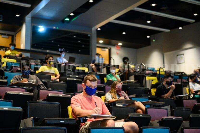 Socially-distanced students in a lecture hall on University of Michigan's North Campus