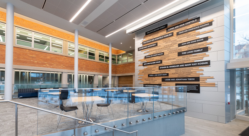 Inside the LSA Building is a wall with a word cloud for the people who donated to this effort