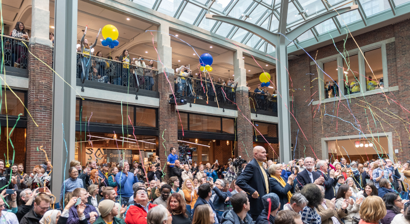 Celebration with balloons in the reopened Michigan Union building