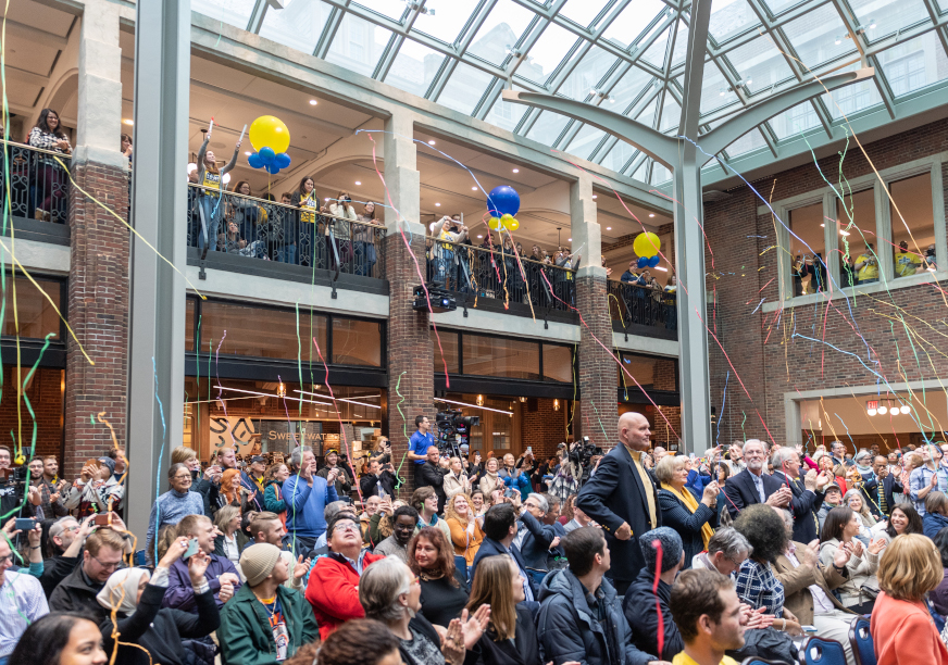 Celebration with balloons in the reopened Michigan Union building