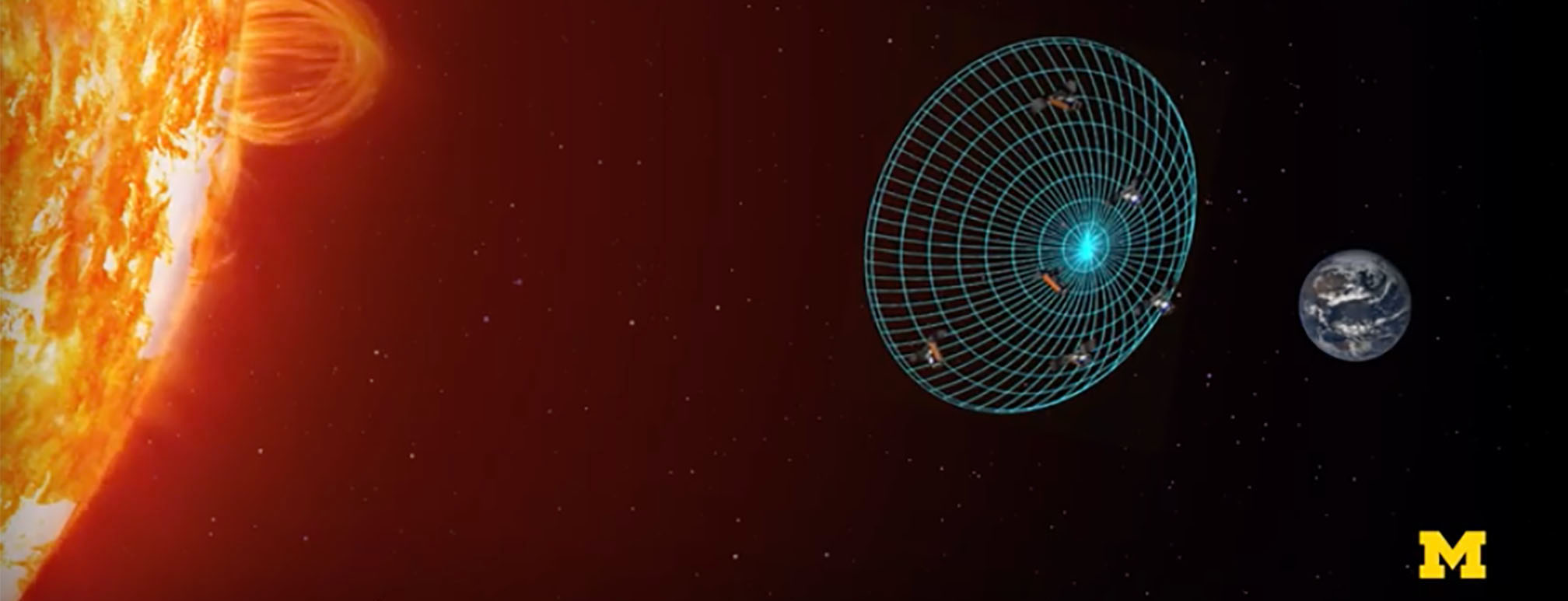 A rendering of the mesh created by various satellites to form a virtual telescope to study solar events